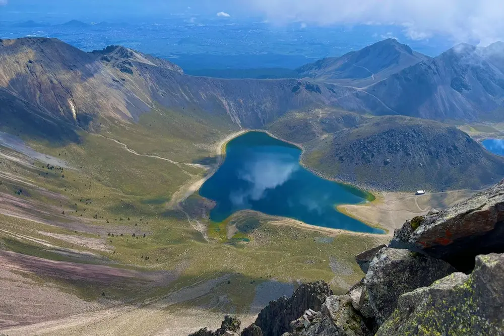 Aerial view of the Lagoons of the Sun and Moon inside the Nevado de Toluca crater – hiking tour from Mexico City
