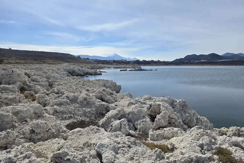 crater lake with white coral rim at Alchichica, Puebla