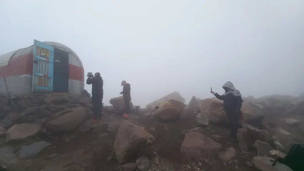 Low visibility and changing mountain weather near McAllister Refuge during filming.