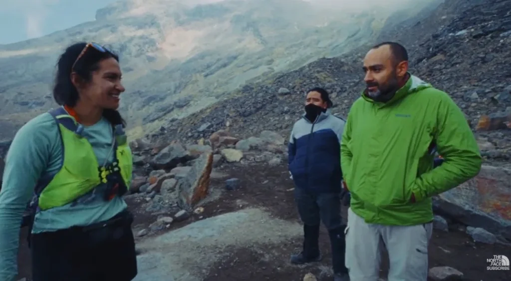 Scene from the Izta documentary featuring Laura Cortez and the mountain support team.